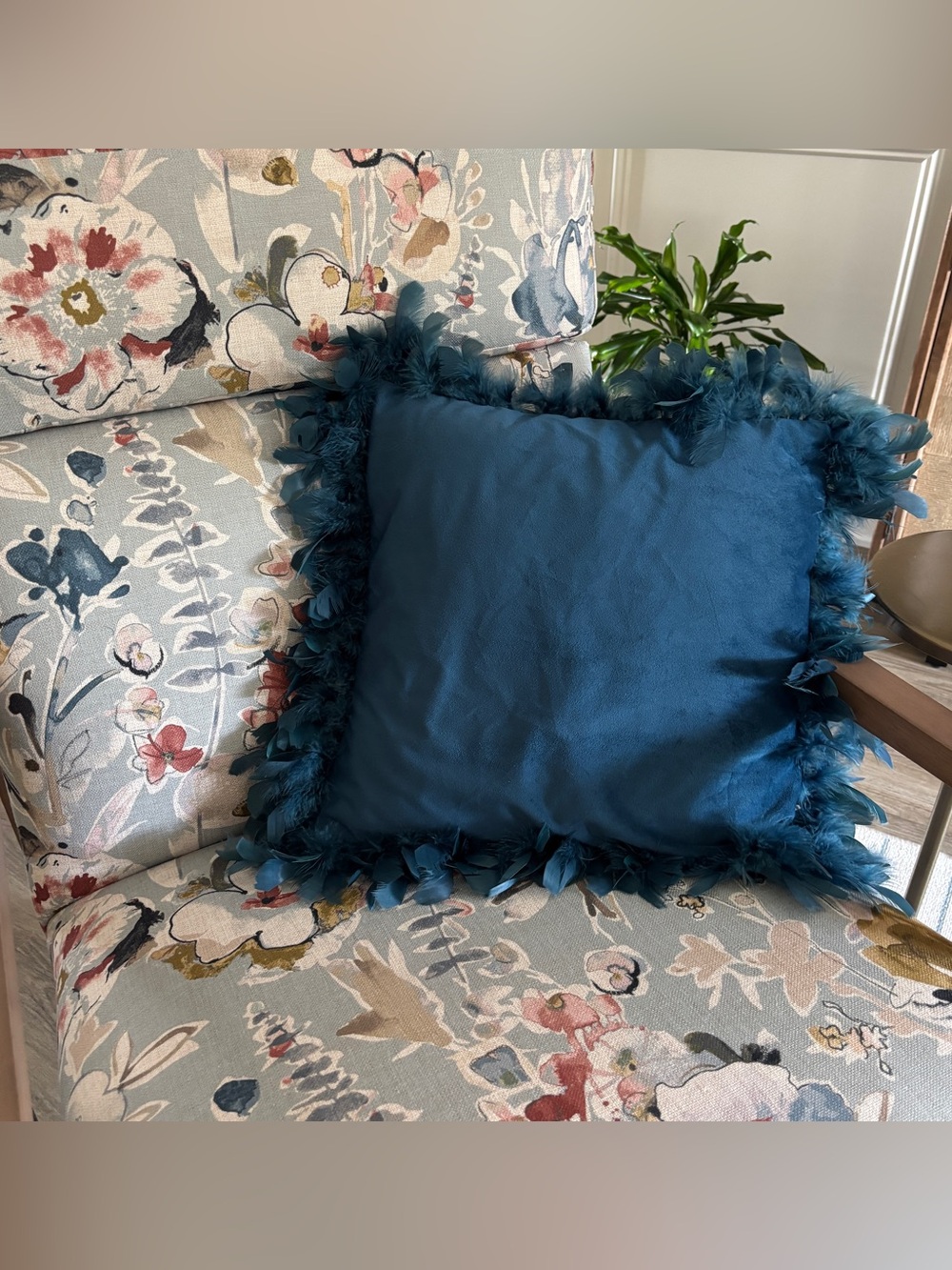 Luxury Teal Blue Velvet Throw Pillow with Feather Boho Fringe Trim